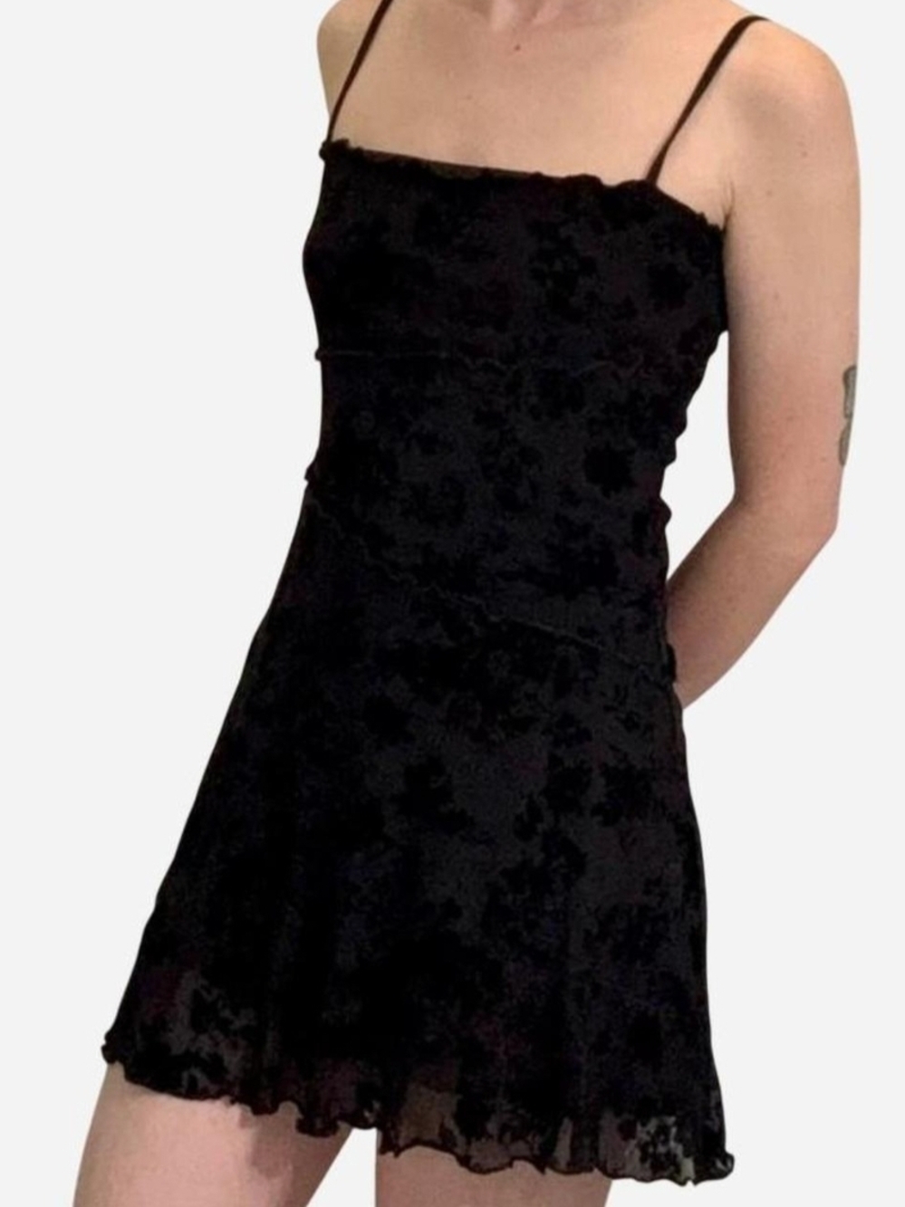 Cider Black Floral-Texture Spaghetti-Strap Mini Dress